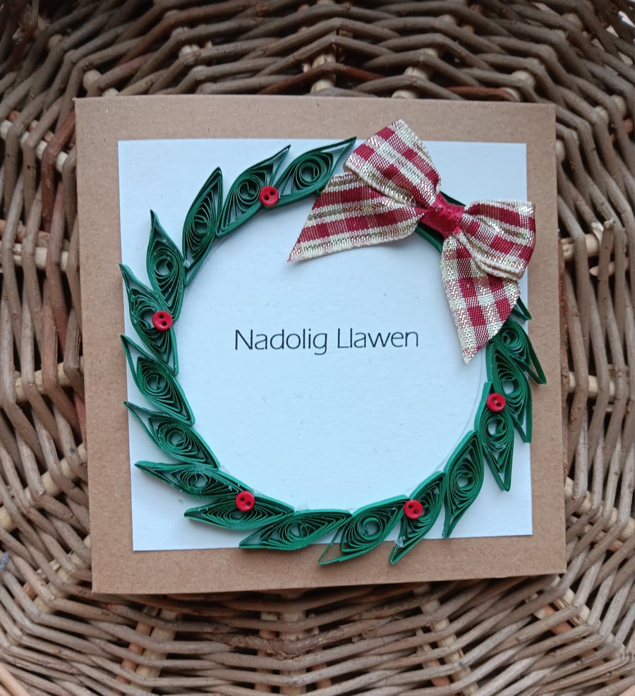 Nadolig Llawen Small Quilled Wreath Christmas Card in Welsh 4" x 4"