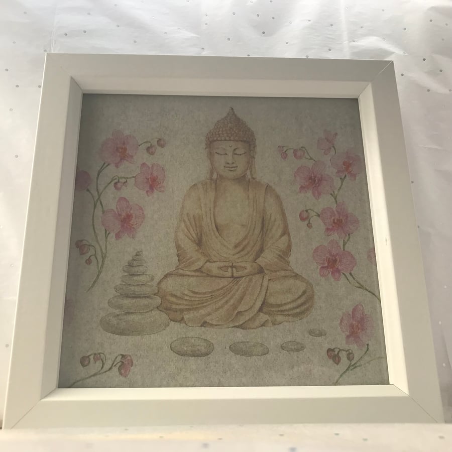 Buddha in a shadow box frame.