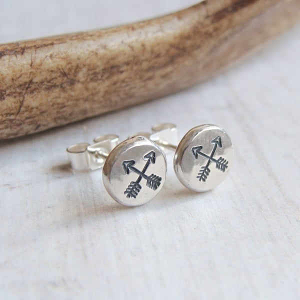 Recycled Silver Pebble Stud Earrings with Crossed Arrow Stamped Design