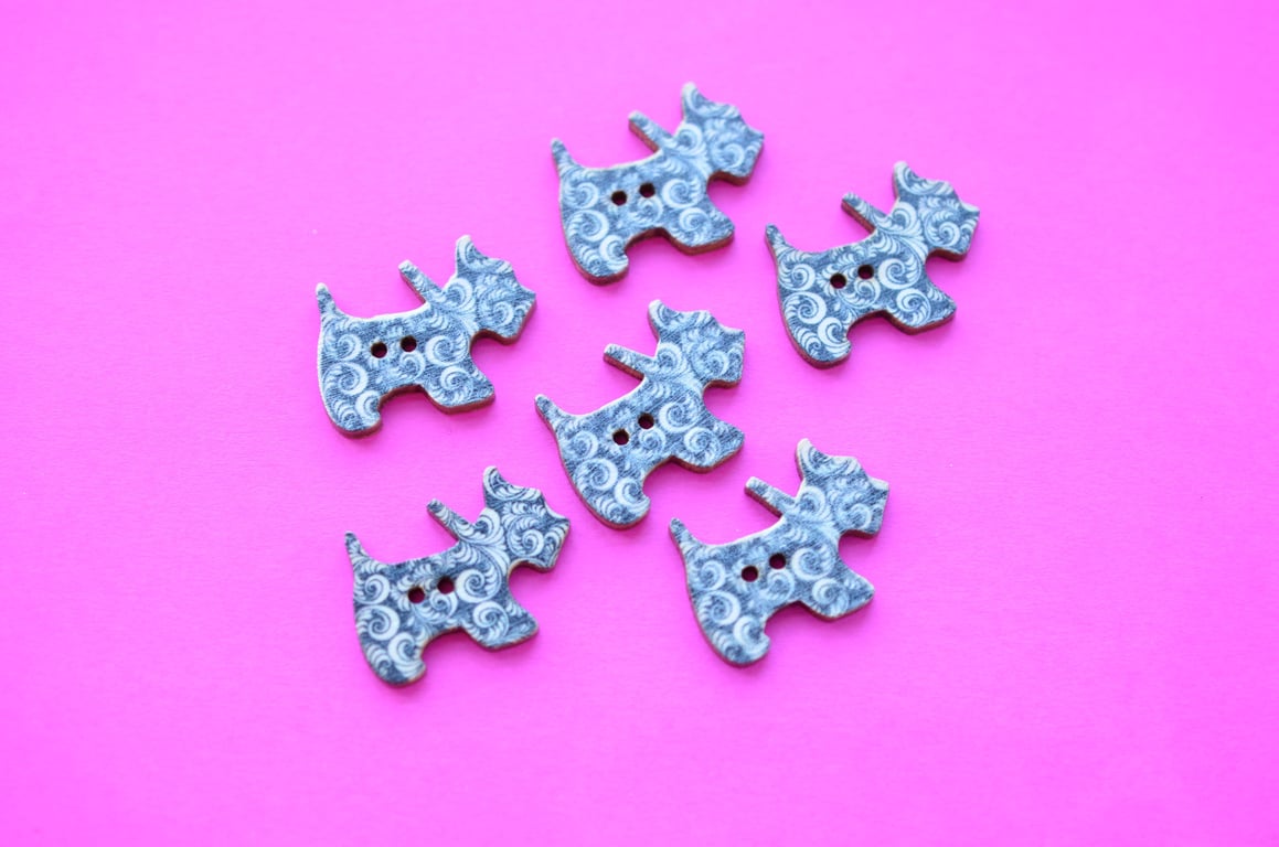 Wooden Scottie Dog Buttons Black Feather Swirl 6pk 28x20mm Scotty Puppy (DG20)