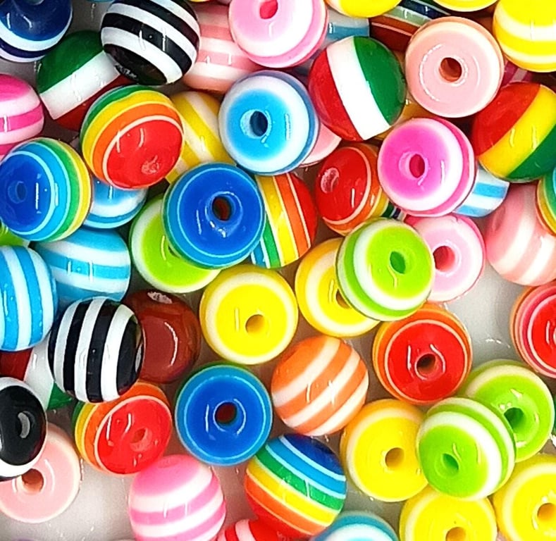 8mm Round Colourful Candy Stripe Resin Beads, Spacer Beads for Jewellery Making