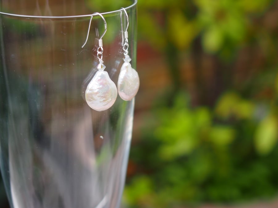 Freshwater coin pearl and Swarovski crystal "pear-drop" earrings