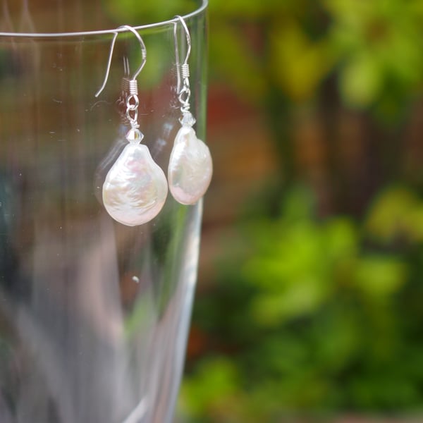 Freshwater coin pearl and Swarovski crystal "pear-drop" earrings
