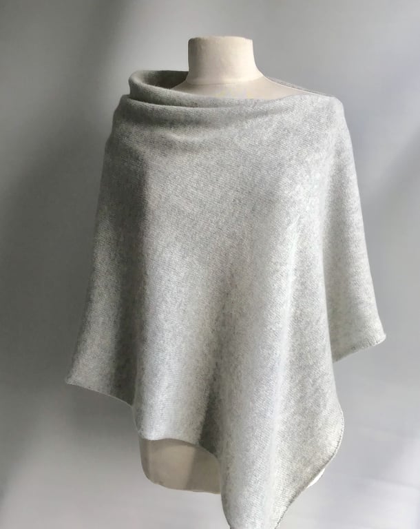 Poncho Knitted in Pure Merino Lambswool in British Spun Wool Colour Palest Grey