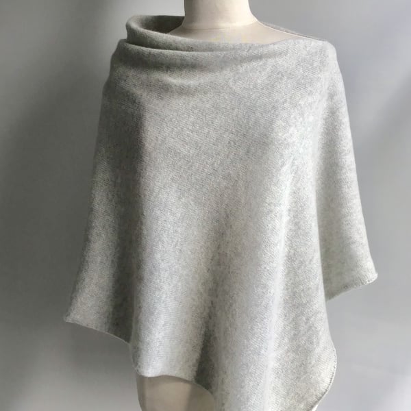 Poncho Knitted in Pure Merino Lambswool in British Spun Wool Colour Palest Grey