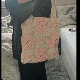 Love heart granny square crochet tote bag 