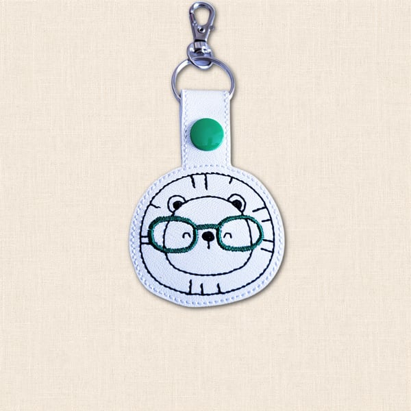 Kawaii Lion Keyring - Embroidered Animal Bag Charm with Glasses