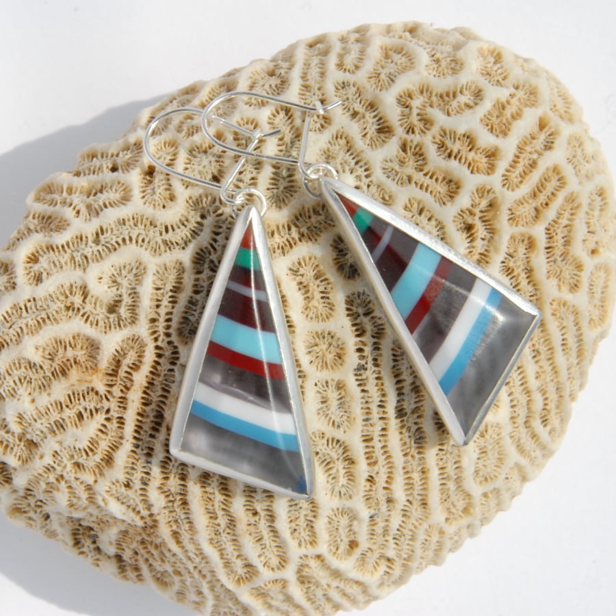 SALE - Triangular stripy surfite and sterling silver drop earrings