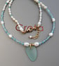 White Pearls Ocean Apatite and Sea Glass Charm - Adjustable Gold Filled Clasp - Image 4