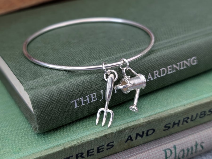Gardening Bracelet, Watering Can & Tiny Flower Charms Bangle