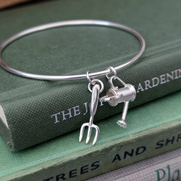 Gardening Bracelet, Watering Can & Tiny Flower Charms Bangle