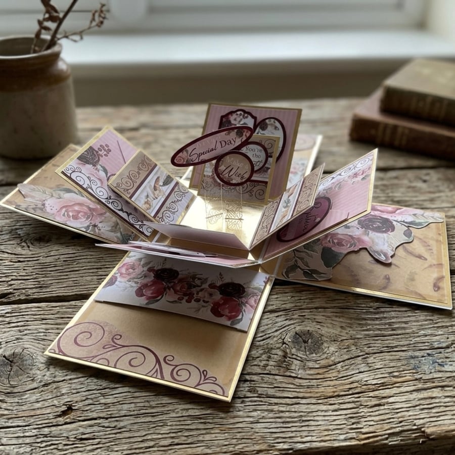 Triple-Layer Floral Exploding Box Card. Luxury 3D Birthday Keepsake. Pop Up Card