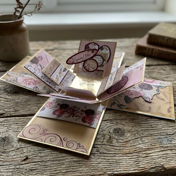 Triple-Layer Floral Exploding Box Card. Luxury 3D Birthday Keepsake. Pop Up Card