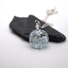 blue and silver glitter lampwork glass flower pendant necklace
