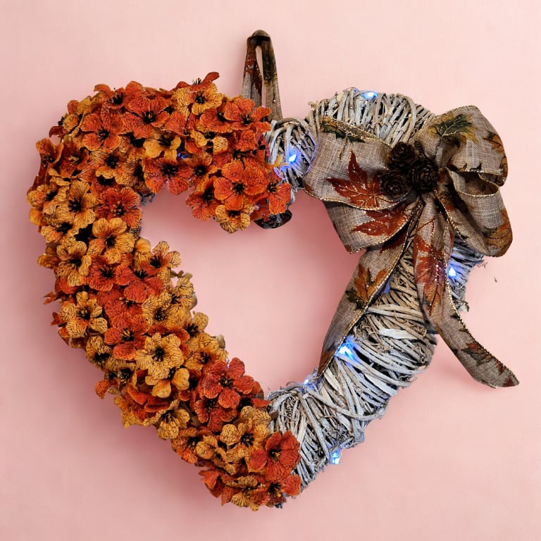 Autumn Heart Floral Wreath with LED Lights - Handmade Home Décor
