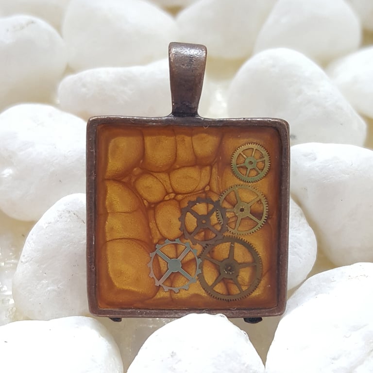 Hand Painted Square Steampunk Cog Resin Pendant - Golden Yellow Necklace