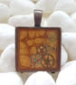 Hand Painted Square Steampunk Cog Resin Pendant - Golden Yellow Necklace