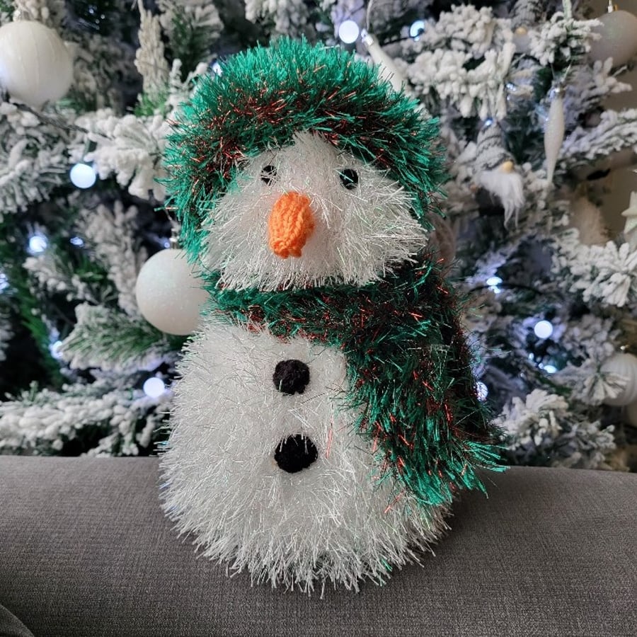 Snowman with green and red hat and scarf hand knitted and perfect for Christmas!