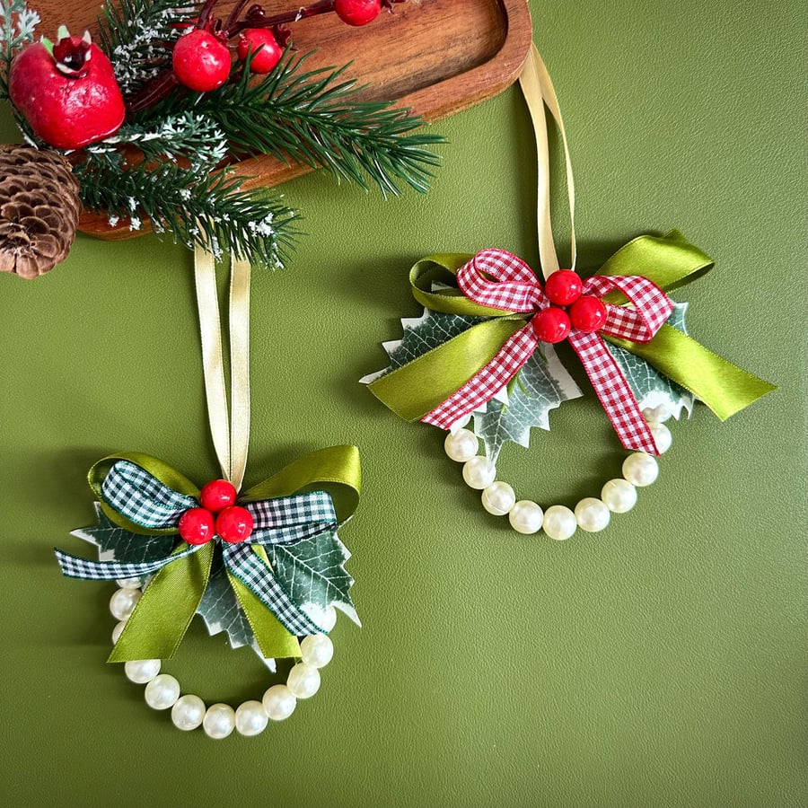 Farmhouse pearl wreath Christmas tree ornament gingham cottage hanging decor
