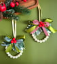 Farmhouse pearl wreath Christmas tree ornament gingham cottage hanging decor