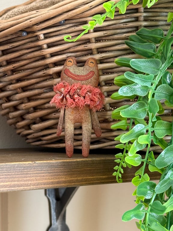 Hand Painted Miniature Frog Art Doll in Red & Brown