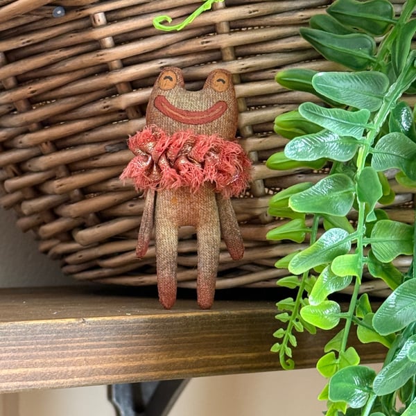 Hand Painted Miniature Frog Art Doll in Red & Brown