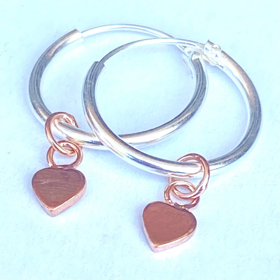 Silver and Rose Gold Detail Hoop Heart Earrings Rose Gold plated Silver