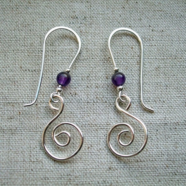 Sterling Silver Spiral Swirl Dangle Drop Earrings with Amethyst