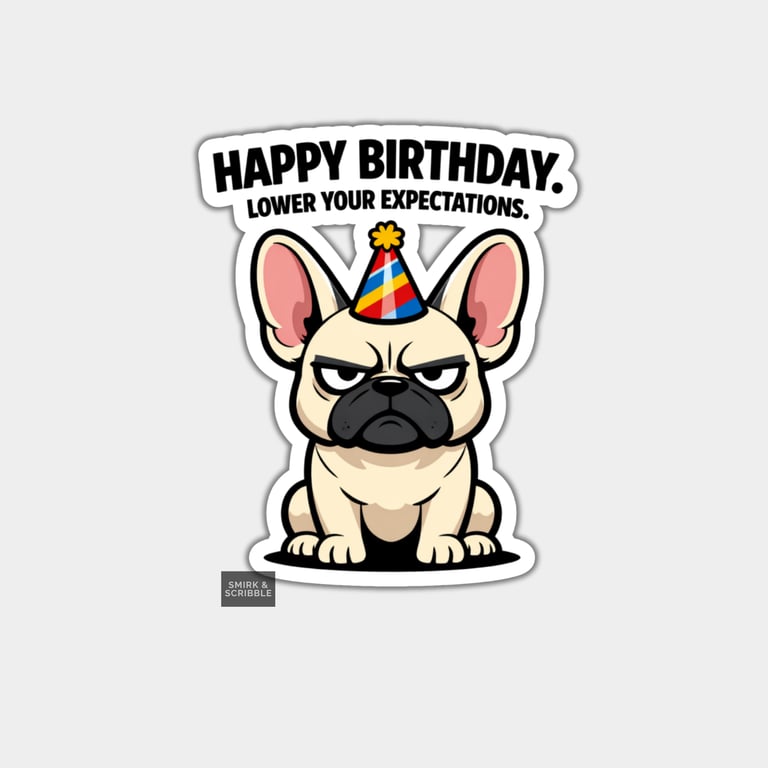 Funny Rude Birthday Sticker For Adults - Grumpy Dog