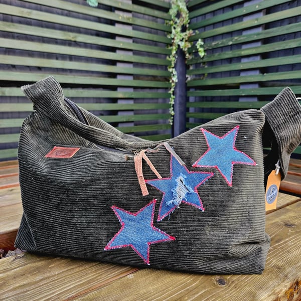 Corduroy large handbag for travel, shoulder bag with denim stars 
