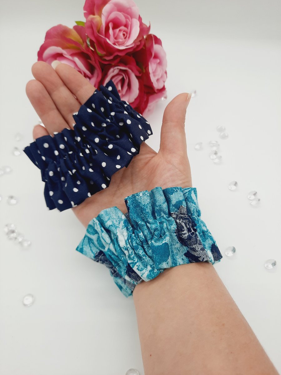 Ruffled scrunchie set,  navy polkadot and turquoise rose. 