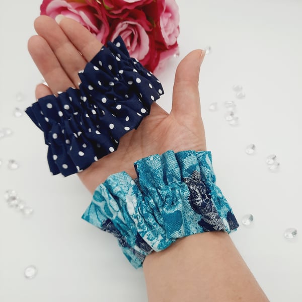 Ruffled scrunchie set,  navy polkadot and turquoise rose. 