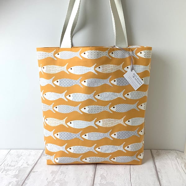 Long Handled Tote Bag - Fish - Yellow Ochre