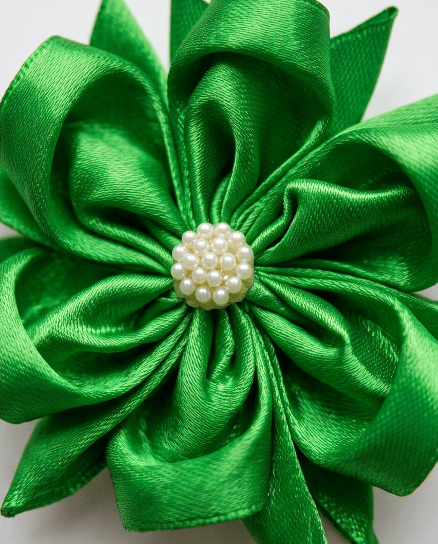 Pair of Green Satin Hair Flowers - Elastic Hair Bands for Pigtails 