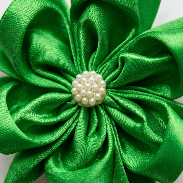 Pair of Green Satin Hair Flowers - Elastic Hair Bands for Pigtails 
