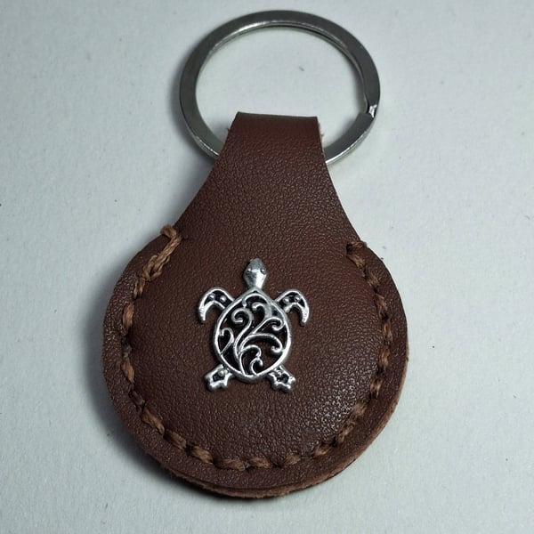 Brown Leather Hand Stiched Keyring.  Turtle charm stitched onto front.