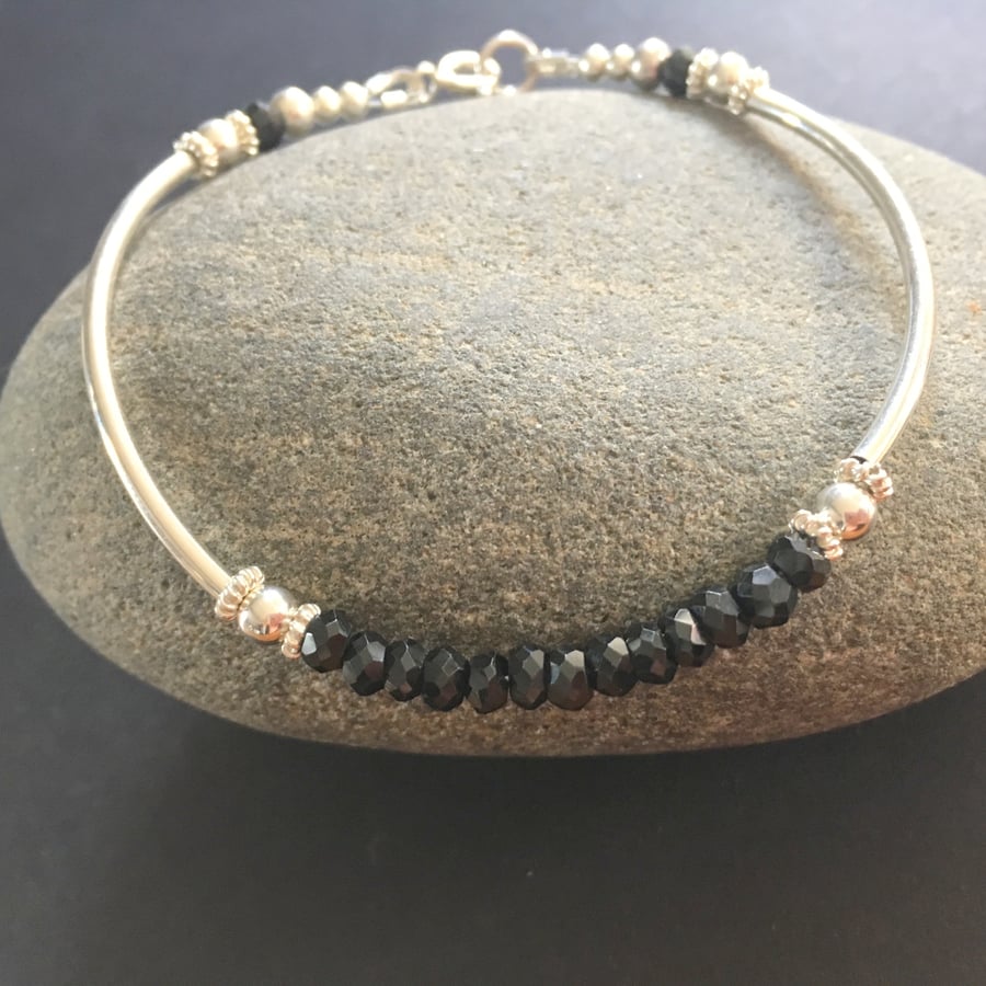 Black Spinel Sterling Silver Beaded Ball Bangle Bracelet