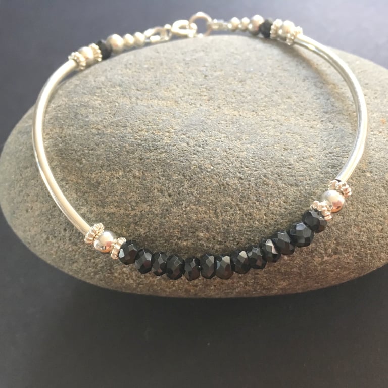 Black Spinel Sterling Silver Beaded Ball Bangle Bracelet