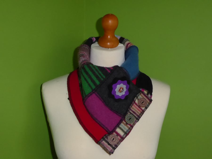 Neck Warmer Scarf with 3 button Trim. Upcycled Folksy