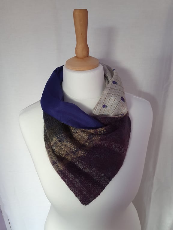 Sari silk and tweed neckwarmer, button wrap scarf. Double sided, reversible. Pur