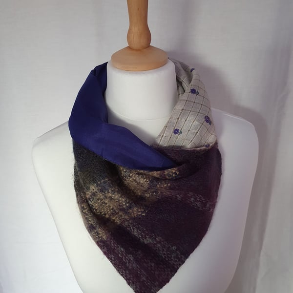 Sari silk and tweed neckwarmer, button wrap scarf. Double sided, reversible. Pur