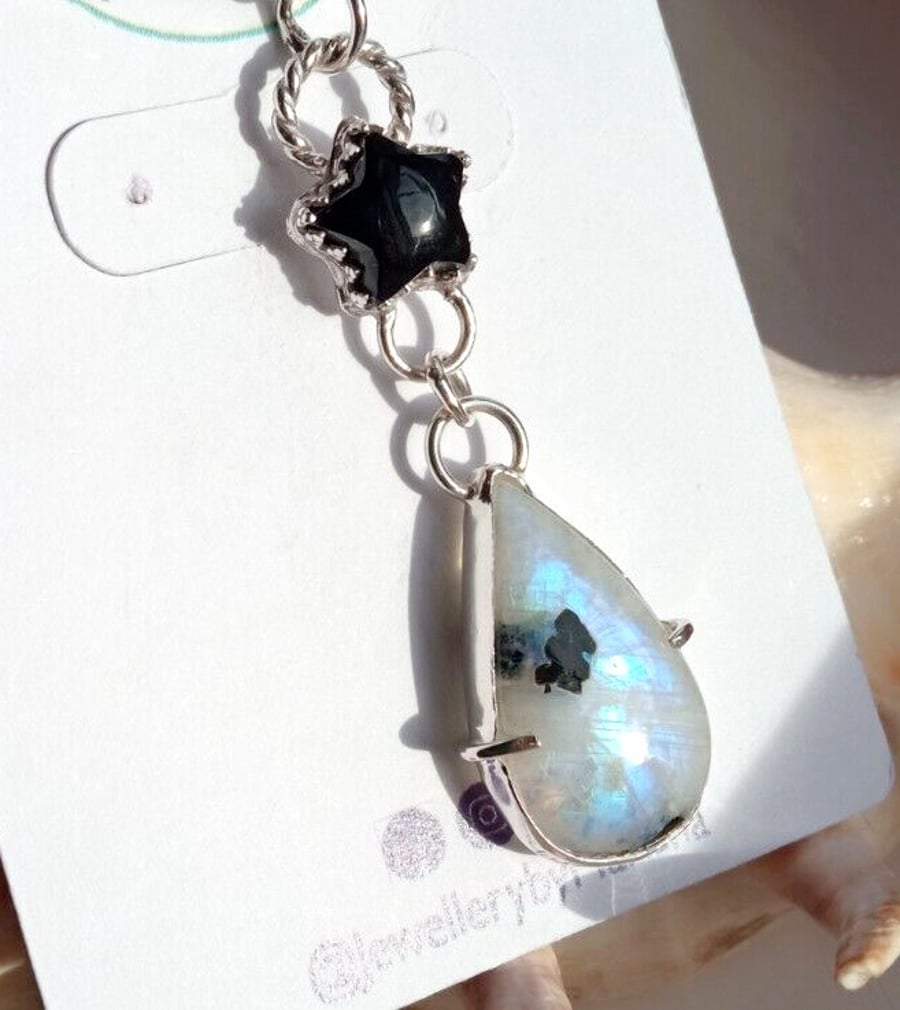 Necklace Silver Moonstone Tourmaline Onyx Star Jewellery Gift Teardrop Pendant