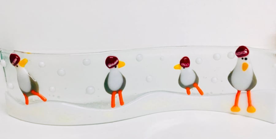 Fused glass “seagullls in the snow” wave ornament