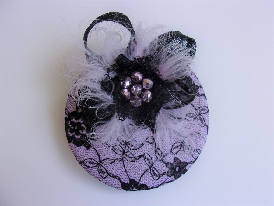 Lavender Lilac & Black Lace Retro Mini Cocktail Percher Hat Fascinator Wedding