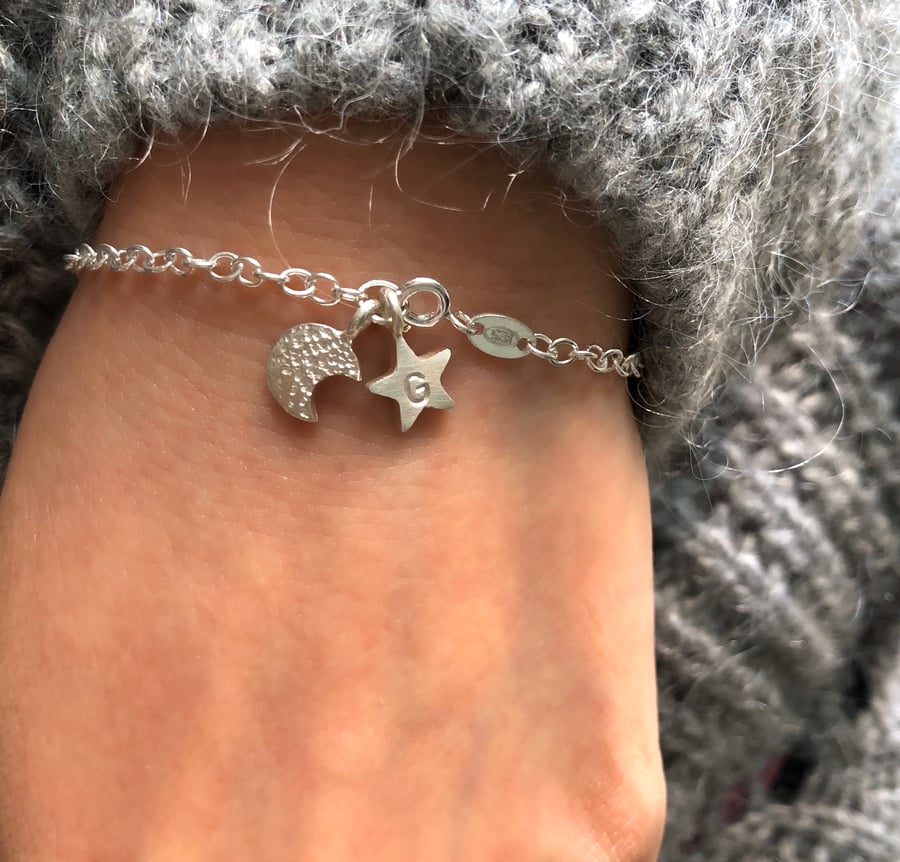 Personalised Half Moon And Initial Star Bracelet, Sterling Silver Crescent Moon