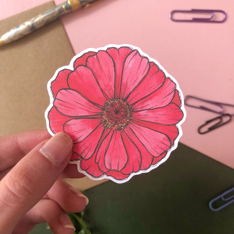 Pink Zinnia Floral, Botanical Sticker Watercolour Summer Flowers Handmade Eco Fr