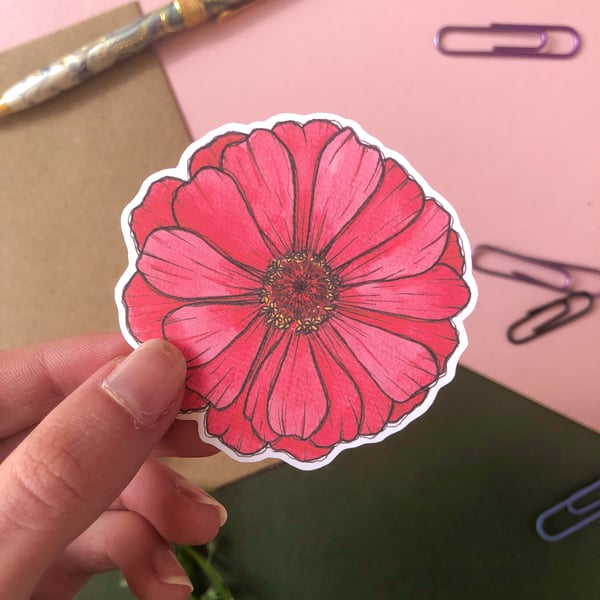 Pink Zinnia Floral, Botanical Sticker Watercolour Summer Flowers Handmade Eco Fr