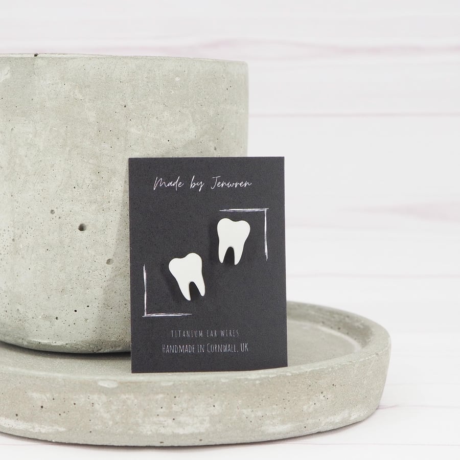 Titanium ear wire Metallic white teeth acrylic stud earrings - Tooth studs 