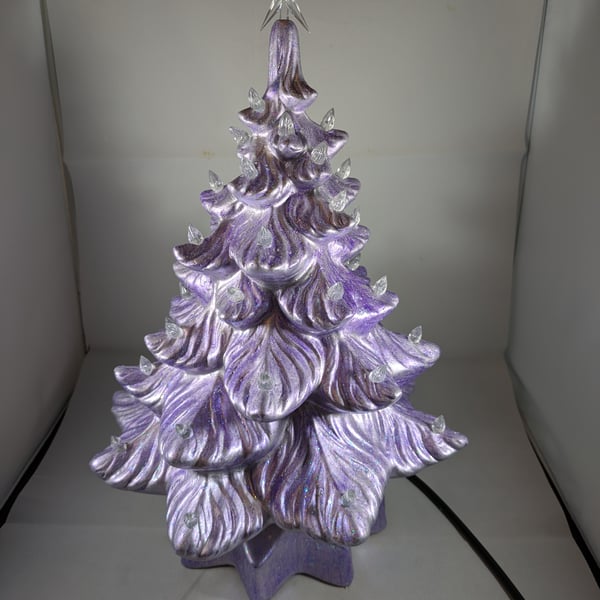 Purple Lilac Ceramic Xmas Christmas Tree Table Lamp Light Ornament Decoration.