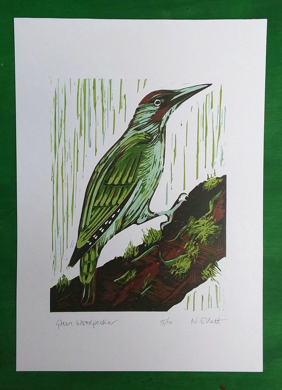 Green Woodpecker - linoprint
